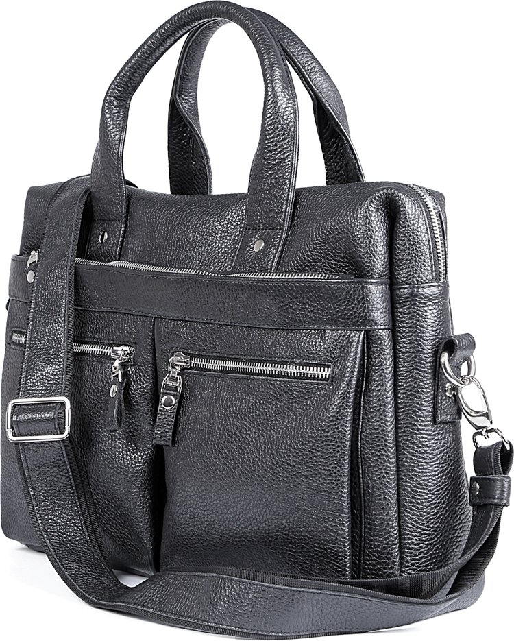 Мужская черная кожаная сумка для ноутбука с зернистой фактурой SHVIGEL (00975)