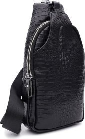 Мужская черная сумка через плечо из натуральной кожи под крокодила Keizer (22091)