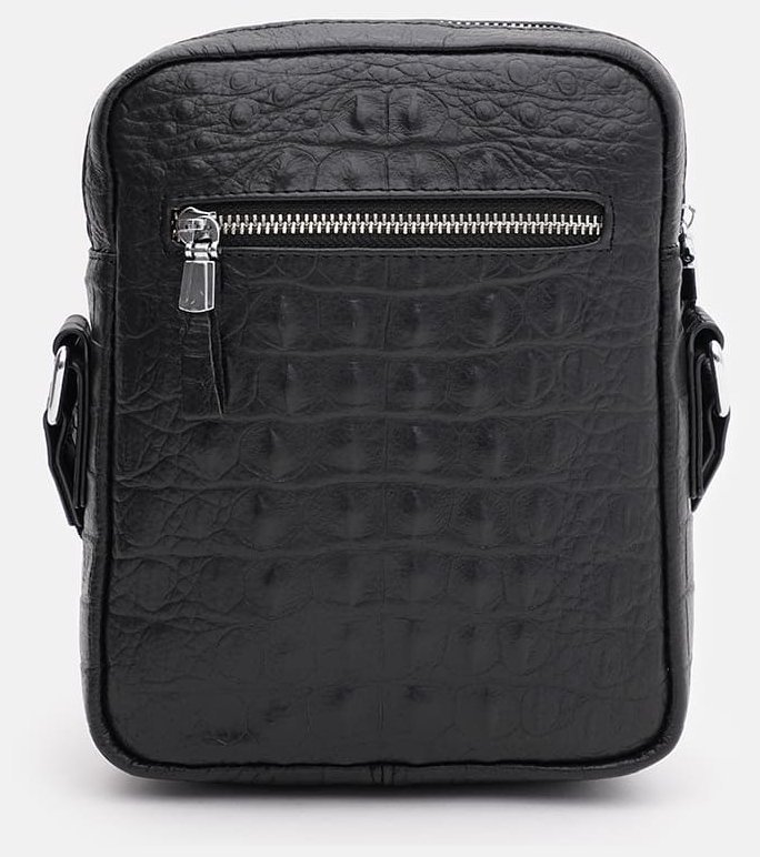 Черная мужская наплечная сумка из натуральной кожи с фактурой под крокодила Keizer 71602