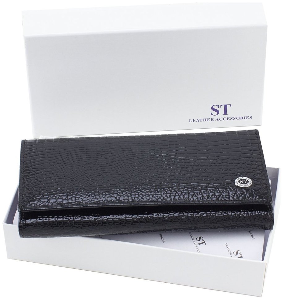 Длинный женский кошелек из натуральной лаковой кожи черного цвета ST Leather 70803