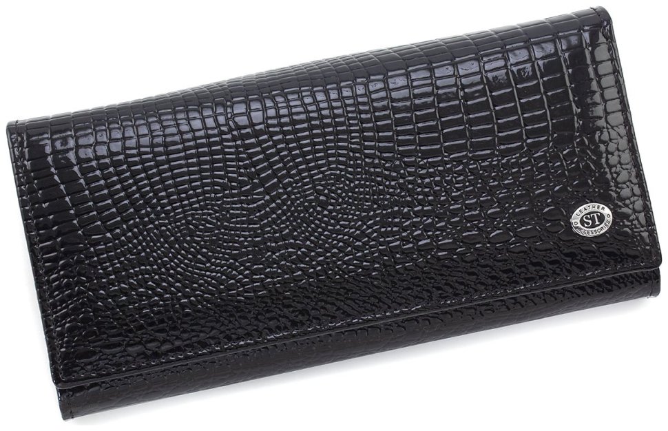 Длинный женский кошелек из натуральной лаковой кожи черного цвета ST Leather 70803