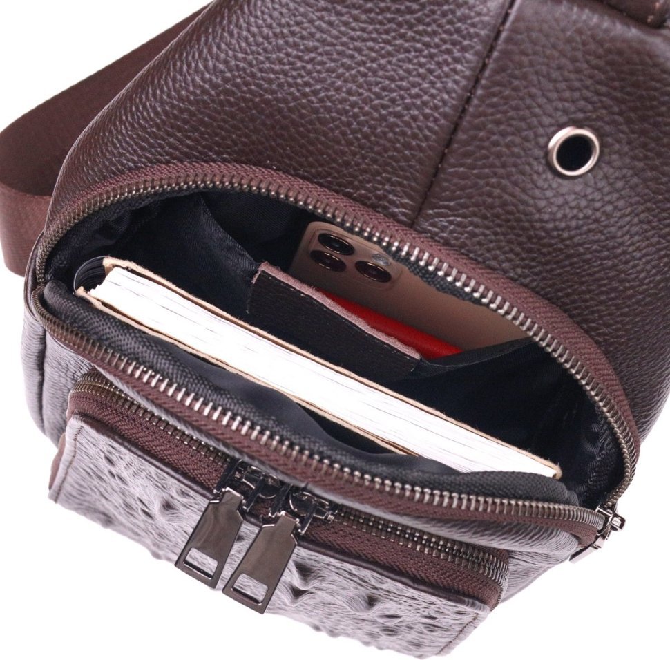 Коричневая мужская сумка слинг из натуральной фактурной кожи Vintage (2421401)