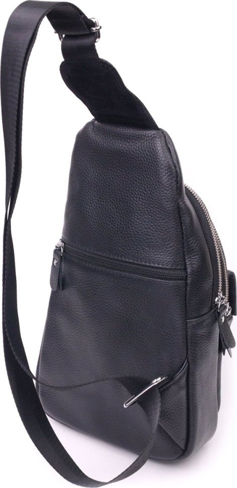Черная мужская сумка-слинг из натуральной зернистой кожи Vintage (2421402)