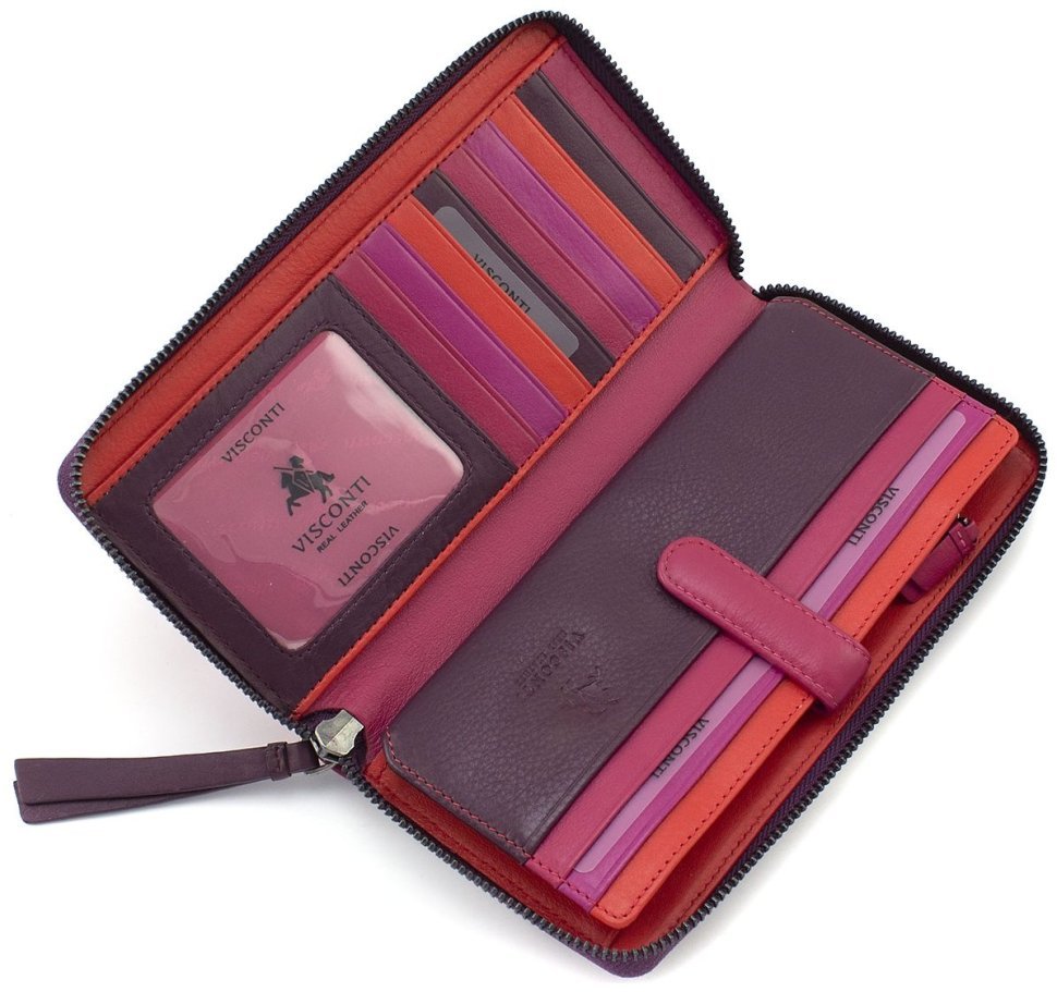 Большой разноцветный женский кошелек из натуральной кожи на молнии Visconti 69205