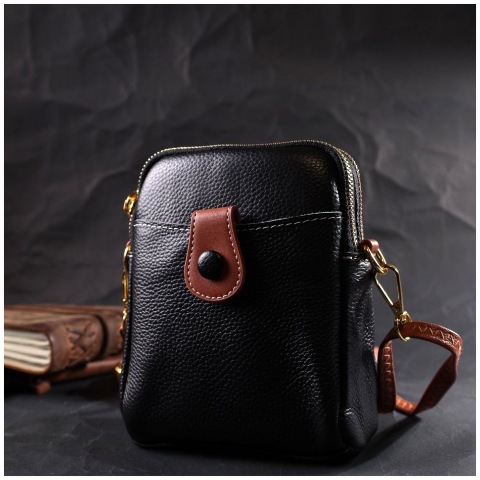 Миниатюрная женская сумочка на плечо из натуральной кожи черного цвета Vintage 2422269