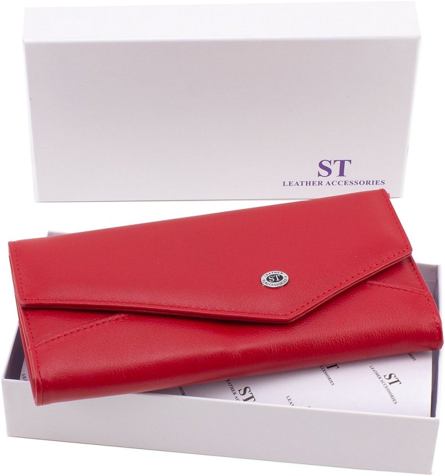 Красный женский кожаный кошелек с ассиметричным клапаном на кнопке ST Leather 1767406