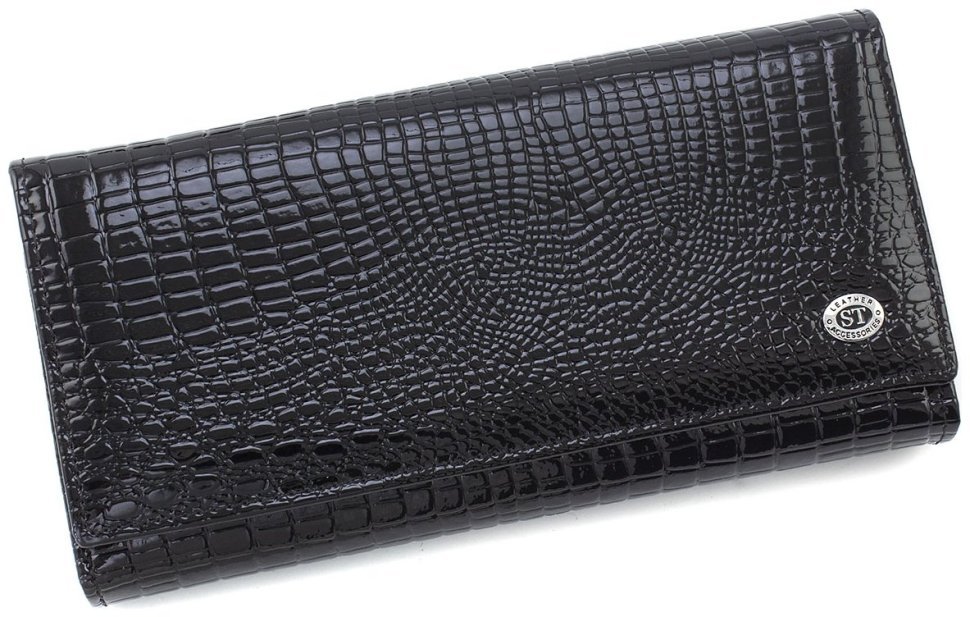 Черный женский кошелек из лаковой кожи под рептилию на два отдела ST Leather 70807