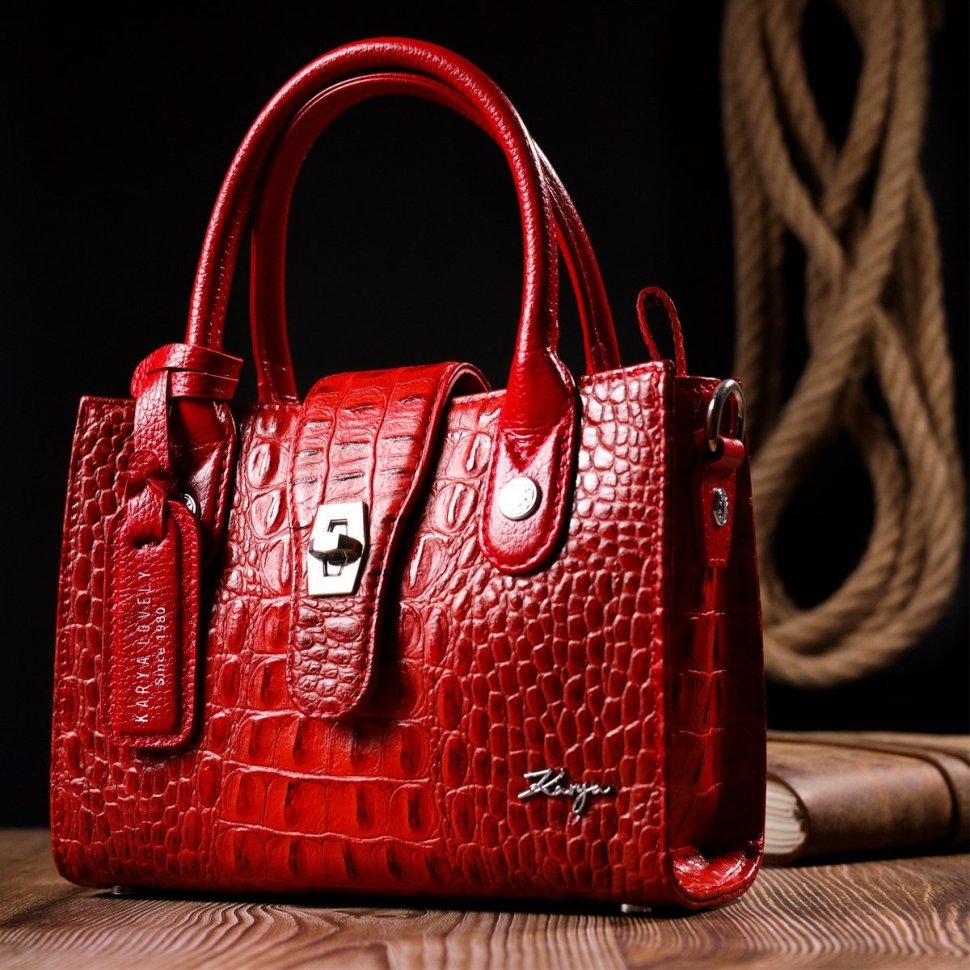 Компактная красная женская сумка из натуральной кожи под крокодила KARYA (2420893)