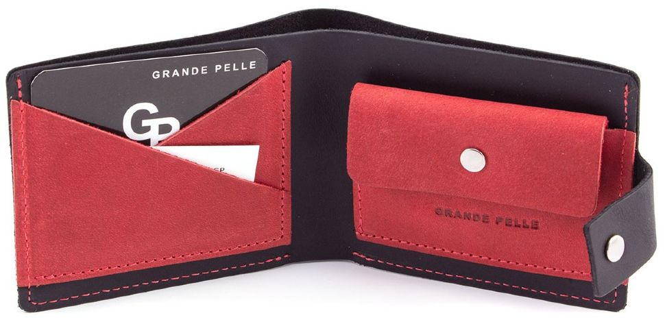 Стильный черно-красный кошелек ручной работы Grande Pelle (13035)