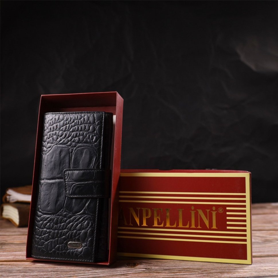 Черный вертикальный бумажник из натуральной кожи с тиснением под крокодила CANPELLINI (2421844)