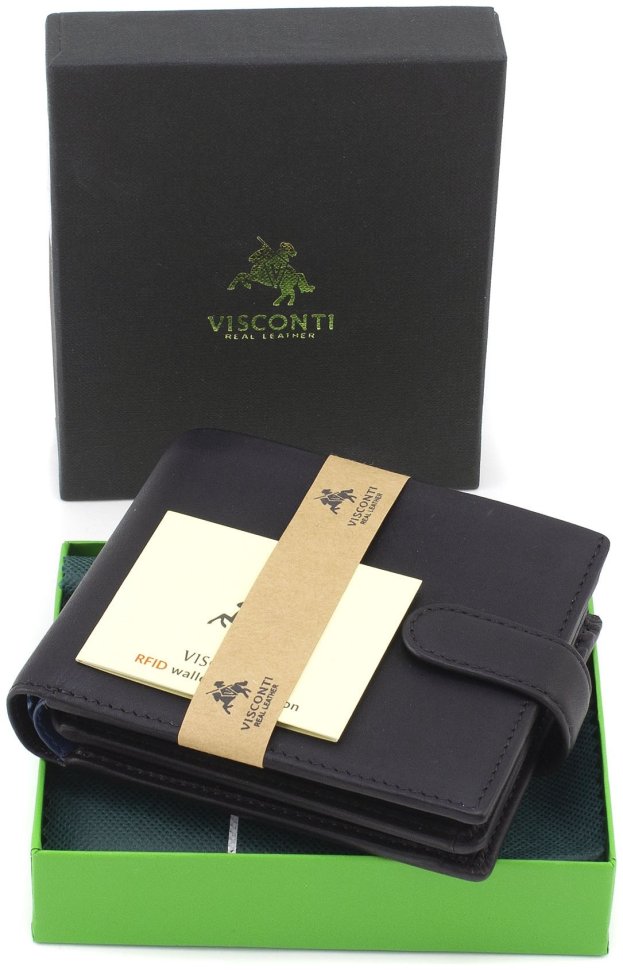 Мужской кошелек из натуральной гладкой кожи черного цвета c RFID - Visconti Leonardo 68908