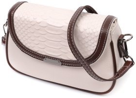 Молочная женская сумка-кроссбоди из натуральной кожи с коричневой окантовкой Vintage 2422372