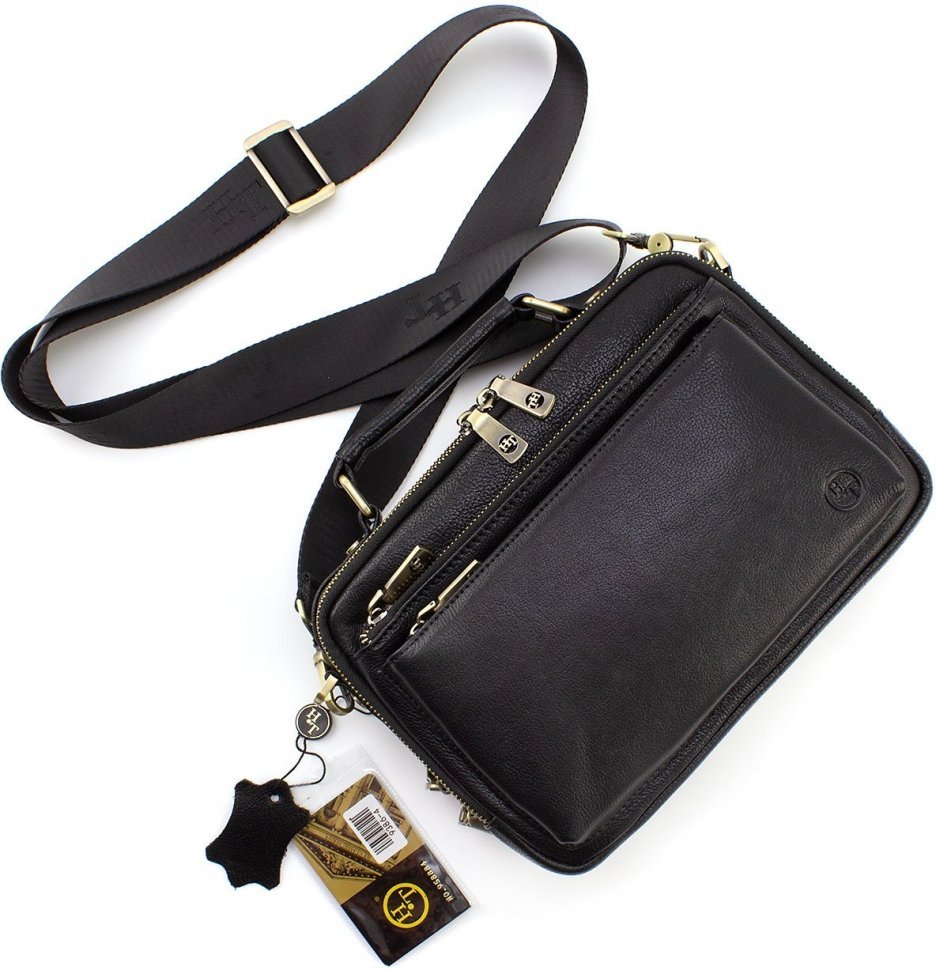 Мужская горизонтальная сумка-барсетка из добротной натуральной кожи черного цвета H.T Leather (10376)