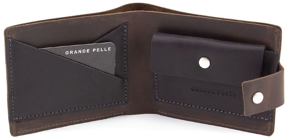 Оригинальный коричнево-черный кошелек ручной работы на кнопке Grande Pelle (13037)