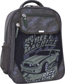 Школьный текстильный рюкзак для мальчиков цвета хаки с машиной Bagland (55510)