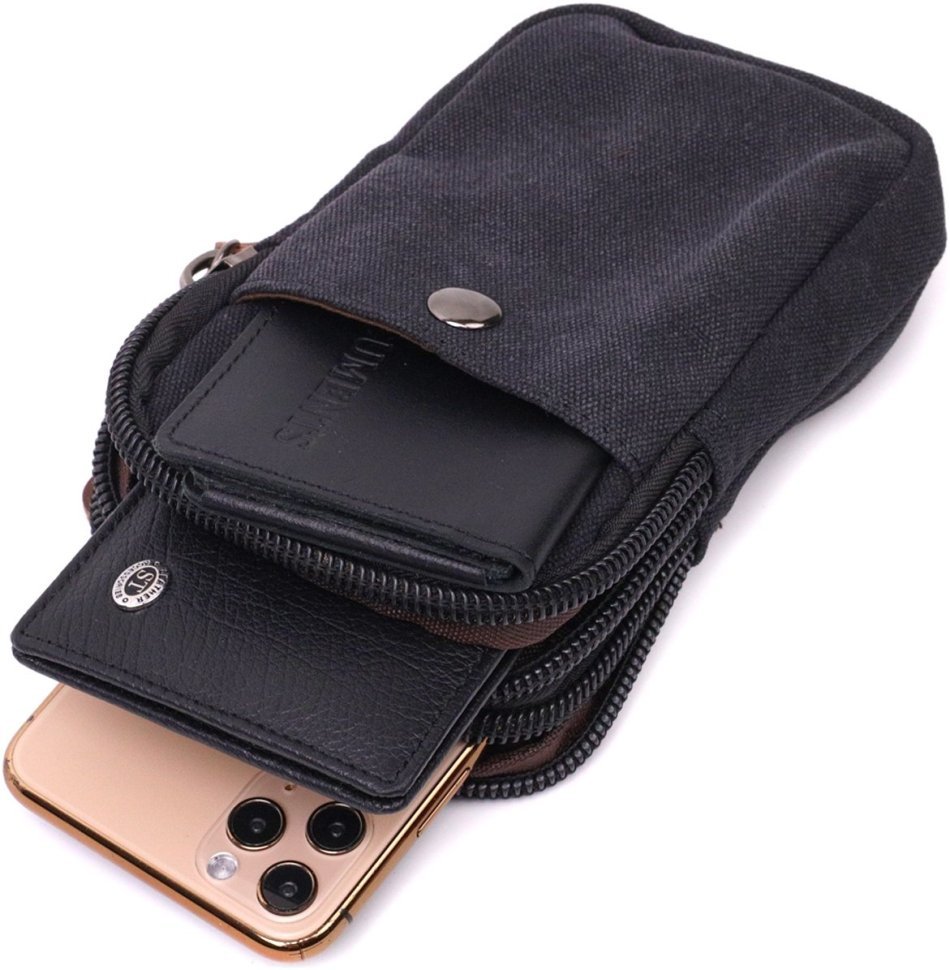 Маленькая мужская сумка-чехол на пояс из черного текстиля Vintage 2422223