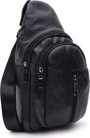 Мужской черный кожаный слинг-рюкзак среднего размера с одной лямкой Keizer (22088)