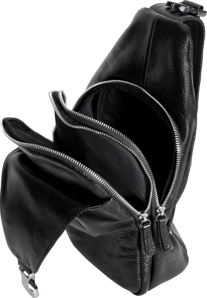 Кожаная мужская вертикальная сумка-слинг в черном цвете Vip Collection (21094)