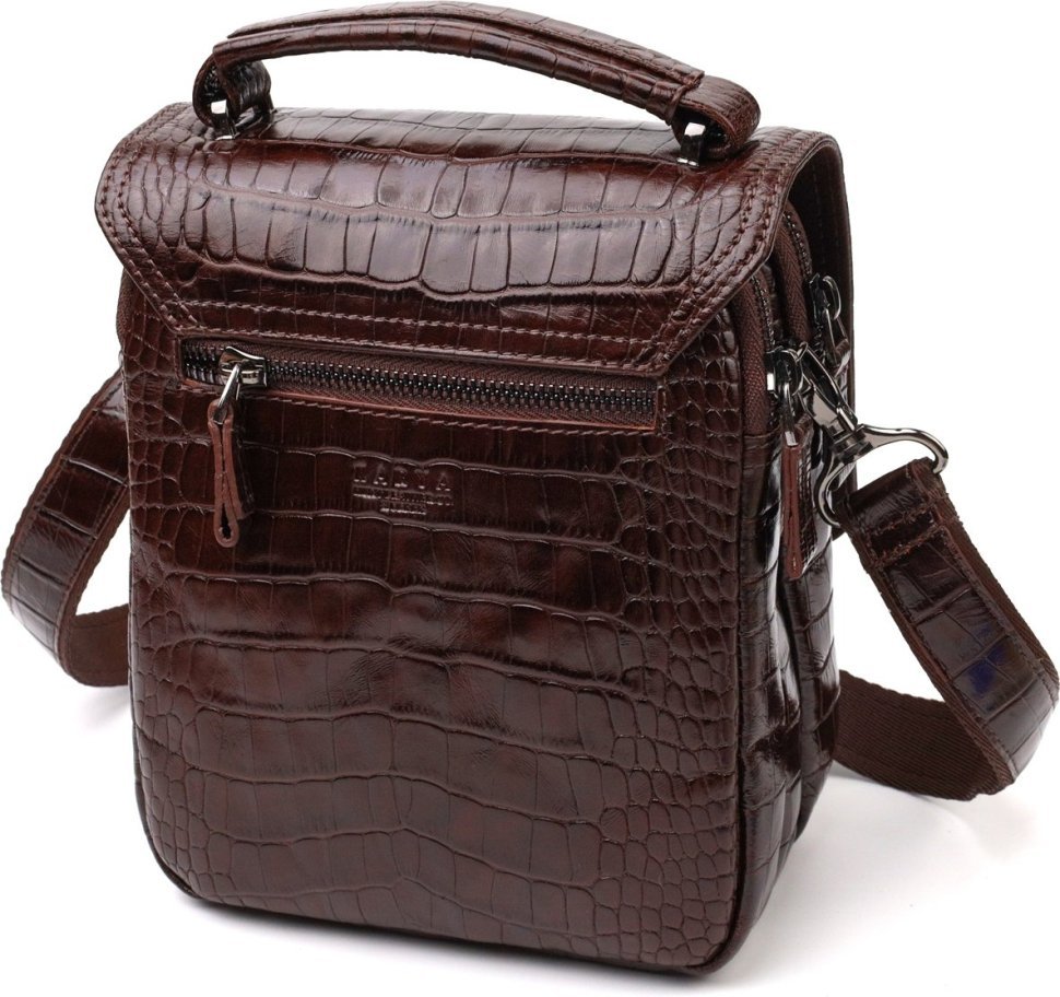 Мужская компактная сумка-барсетка коричневого цвета из натуральной кожи с тиснением под крокодила KARYA (2421946)