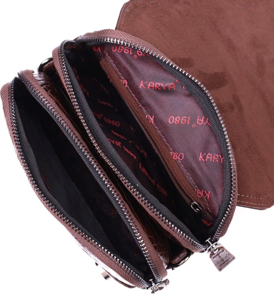 Мужская компактная сумка-барсетка коричневого цвета из натуральной кожи с тиснением под крокодила KARYA (2421946)