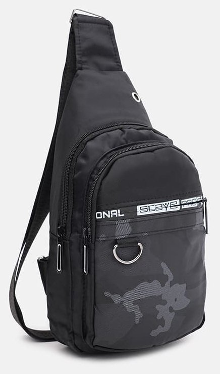 Мужской слинг-рюкзак из плотного текстиля черного цвета с принтом Monsen 71613