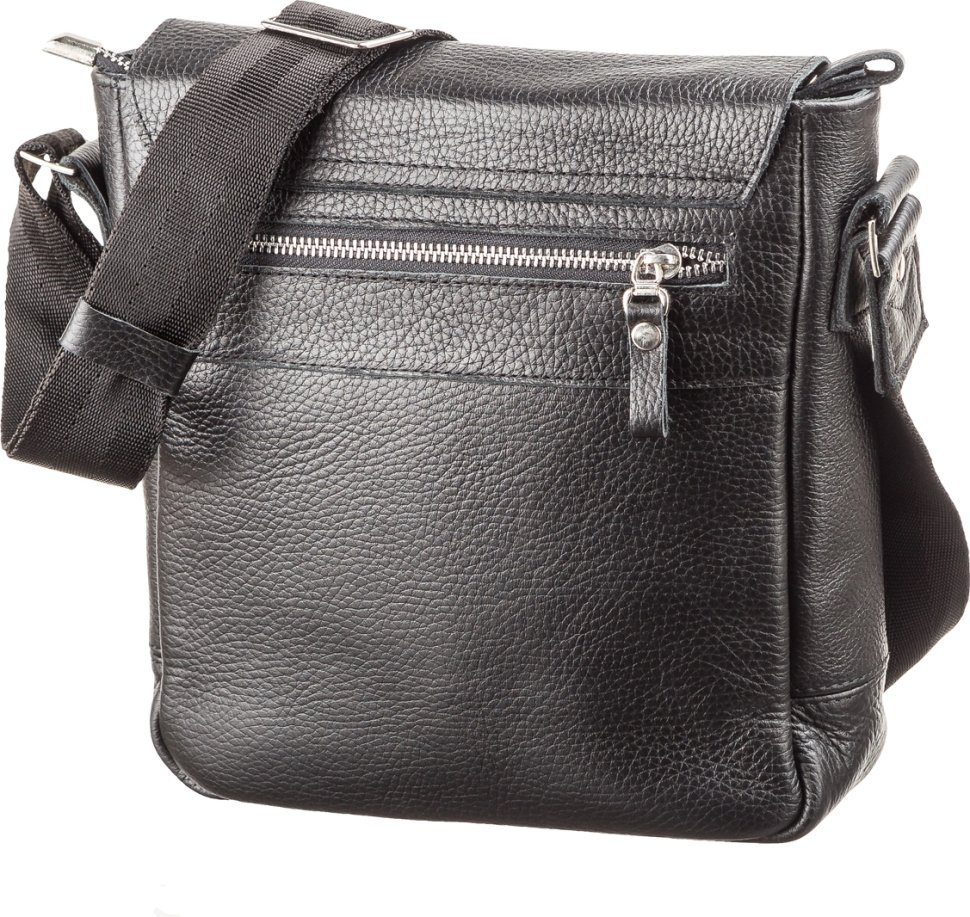 Мужская наплечная сумка из износостойкой натуральной кожи черного цвета SHVIGEL (11081)