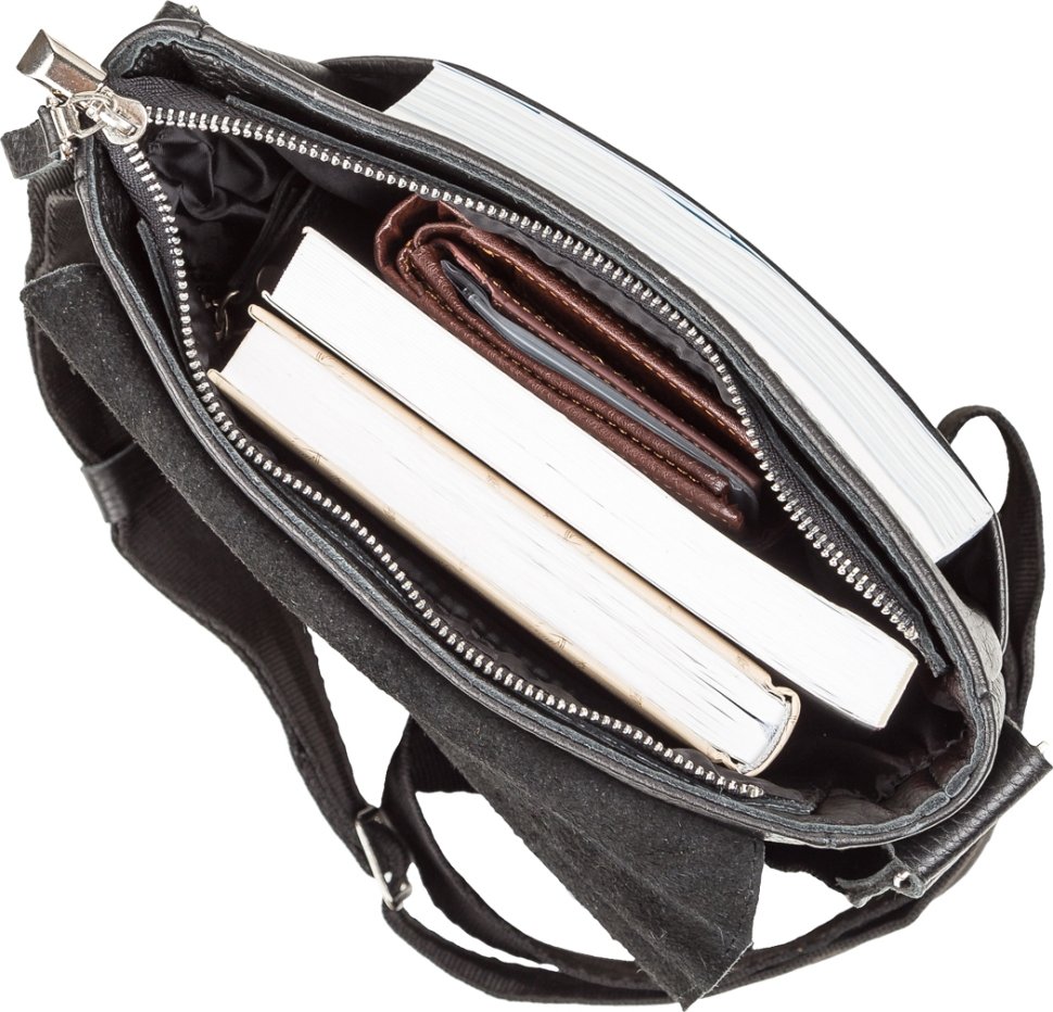 Мужская наплечная сумка из износостойкой натуральной кожи черного цвета SHVIGEL (11081)