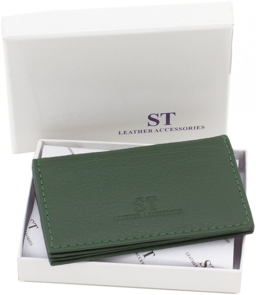 Зеленая компактная обложка для документов двойного сложения из фактурной кожи ST Leather (14006)