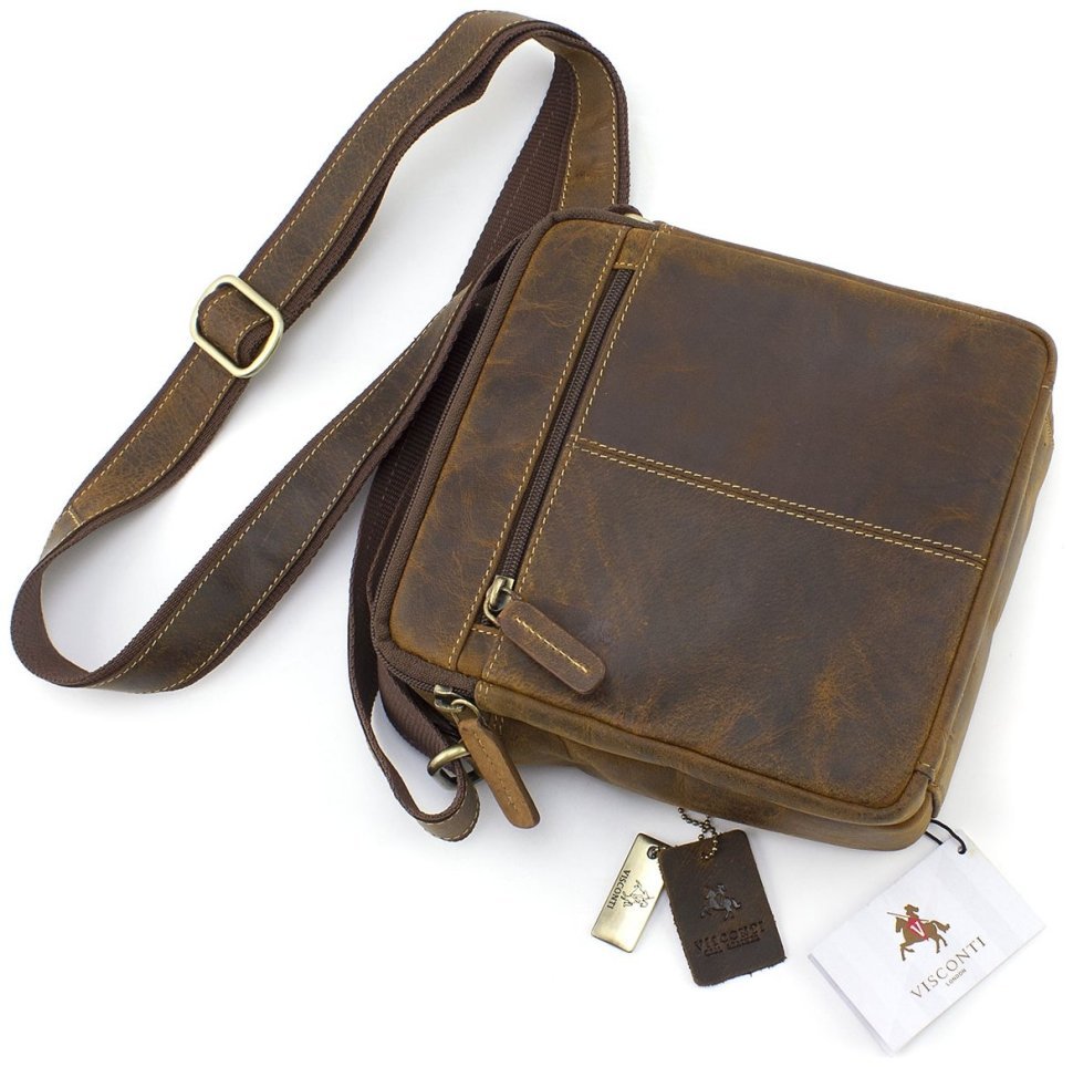 Мужская сумка-планшет через плечо из винтажной кожи светло-коричневого цвета Visconti 69115