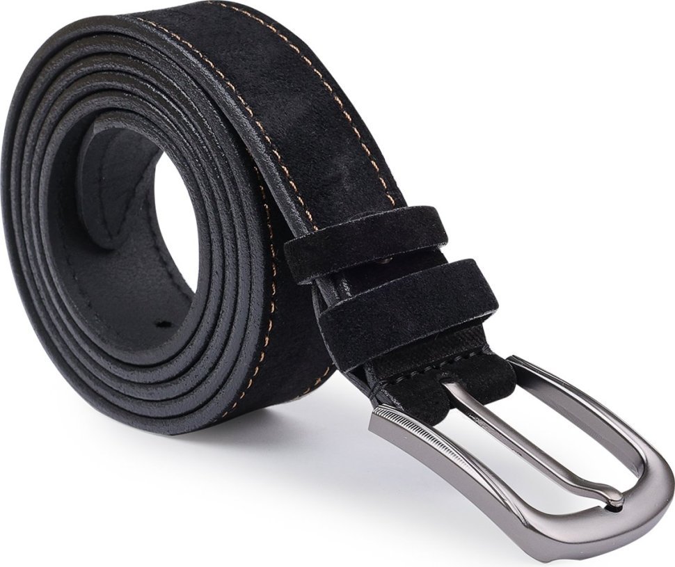Замшевый ремень черного цвета под брюки с коричневой строчкой Vintage (2420710)