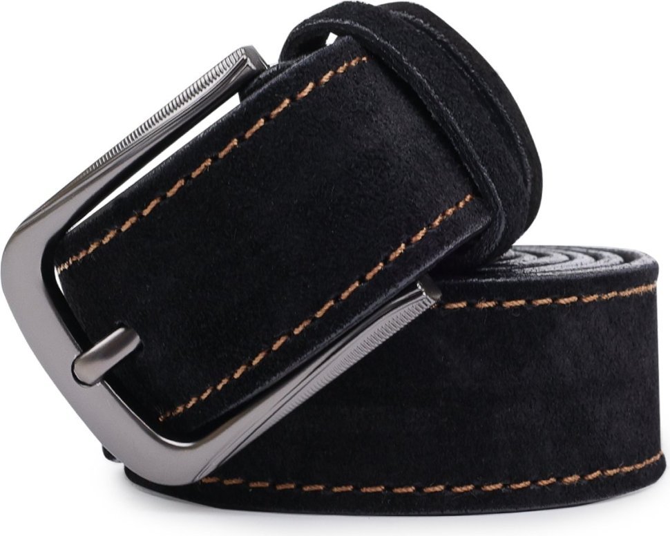 Замшевый ремень черного цвета под брюки с коричневой строчкой Vintage (2420710)
