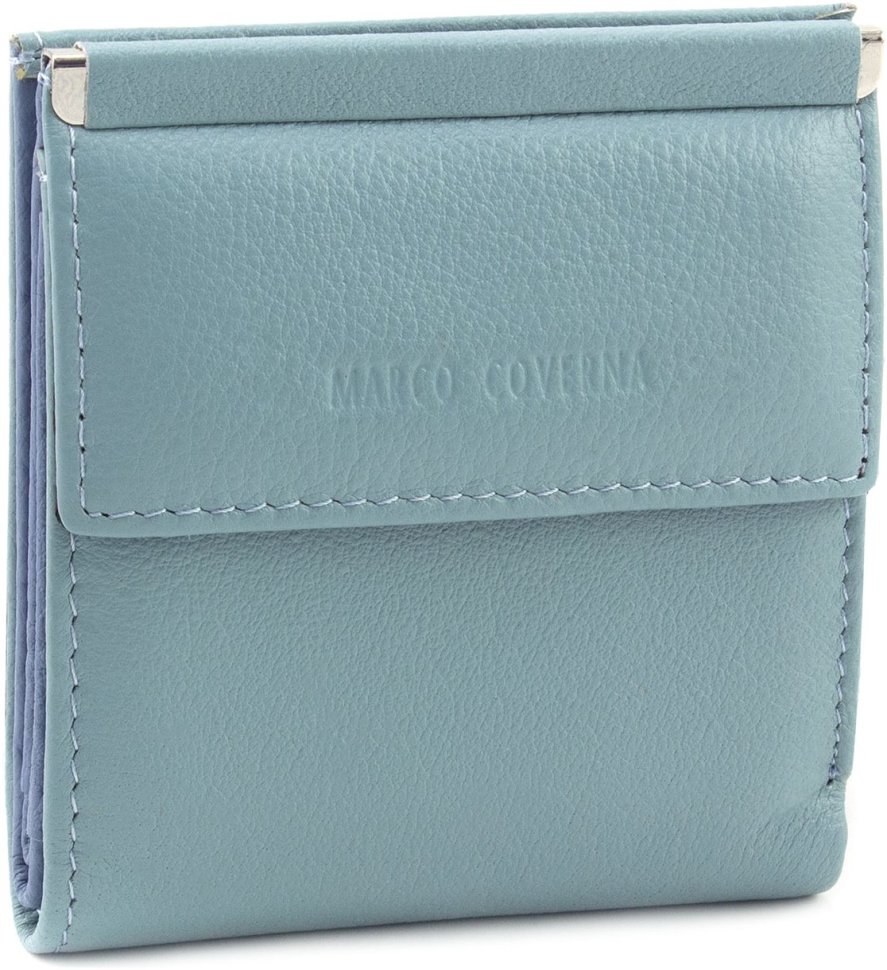 Голубой женский кожаный кошелек маленького размера на кнопке Marco Coverna 68619