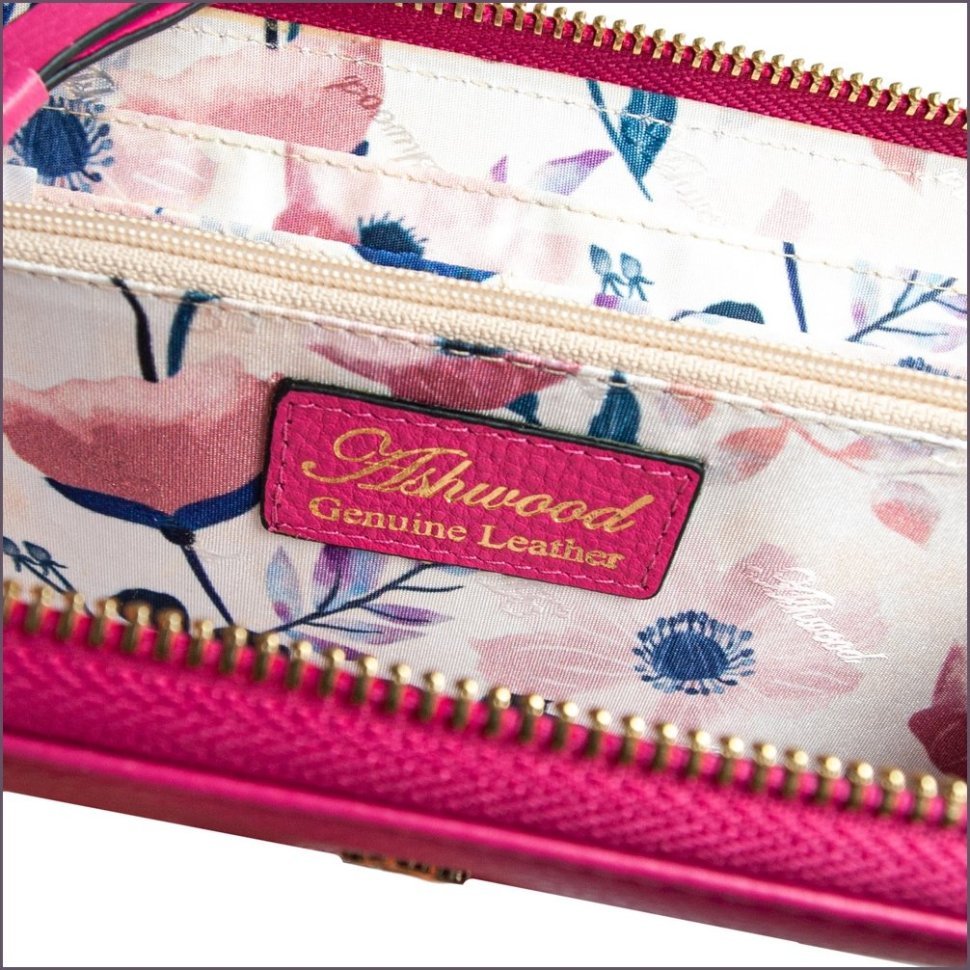 Женский кожаный кошелек яркого розового цвета на молнии Ashwood 69623