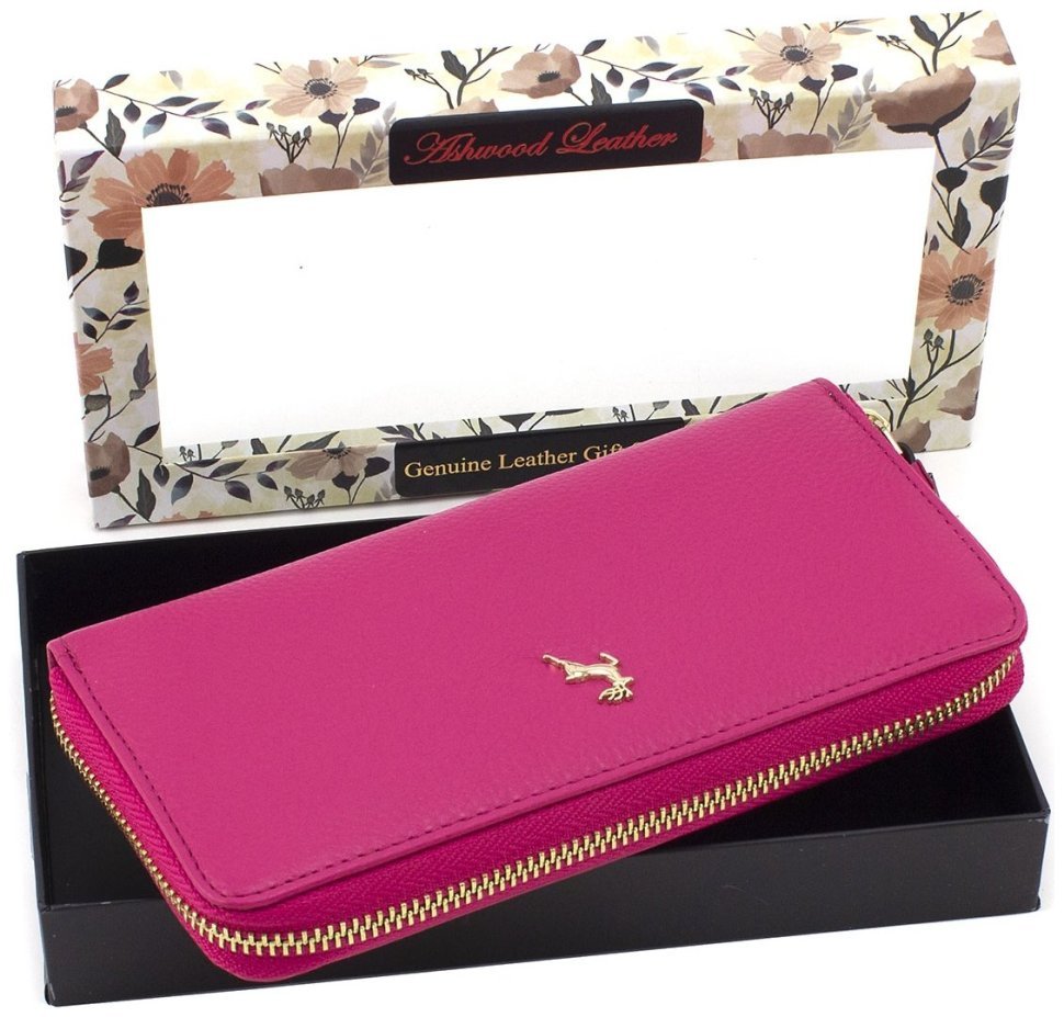 Женский кожаный кошелек яркого розового цвета на молнии Ashwood 69623