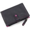 Кожаный женский кошелек черного цвета с розовой строчкой Visconti Malabu 68824 - 3