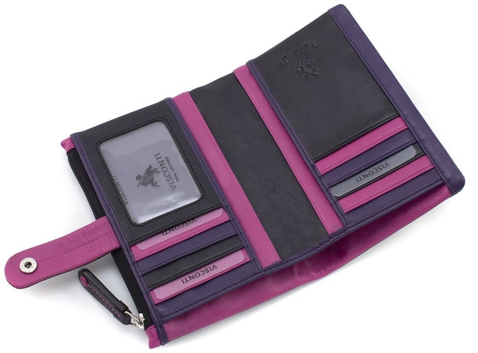 Кожаный женский кошелек черного цвета с розовой строчкой Visconti Malabu 68824