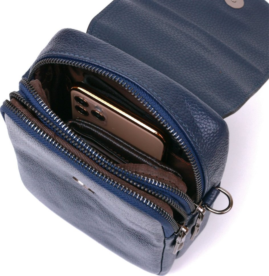 Мужская маленькая сумка на плечо из натуральной фактурной кожи синего цвета Vintage (20694)