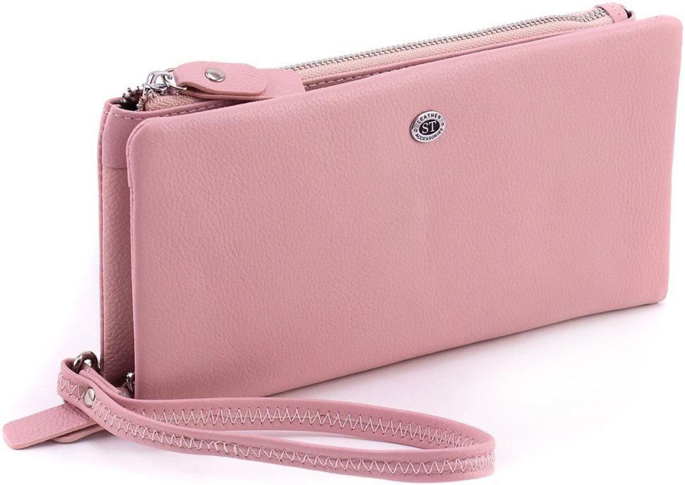 Женский розовый кошелек-клатч из натуральной кожи на две молнии ST Leather 1767427