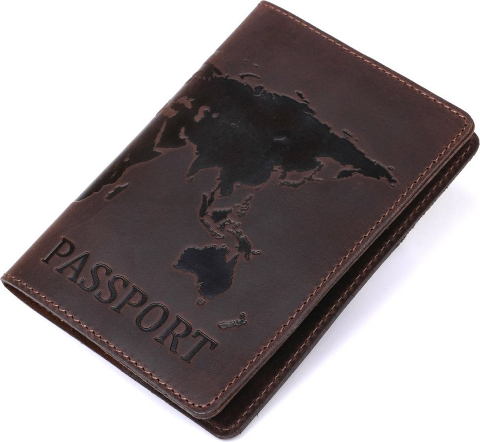 Коричневая матовая обложка на паспорт из натуральной кожи с картой мира Shvigel (2413954)