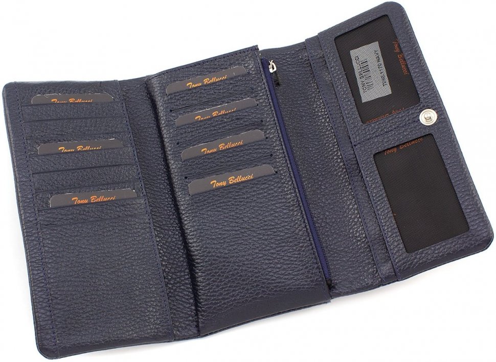 Кожаный длинный кошелек темно-синего цвета на кнопке Tony Bellucci (12442)