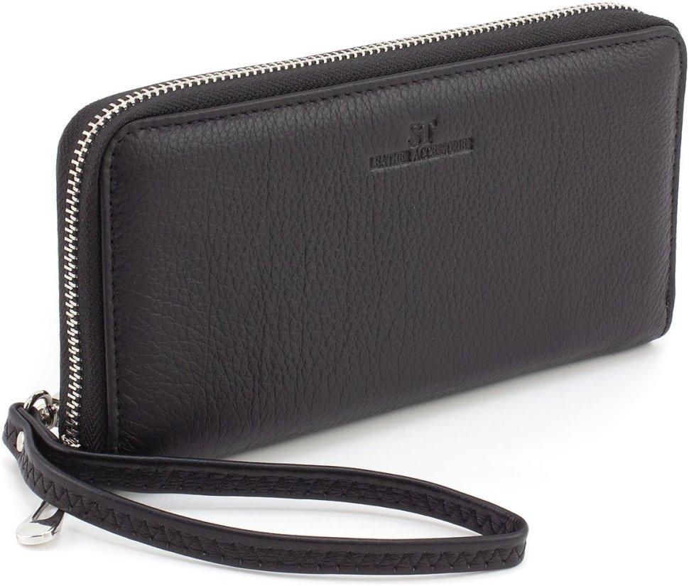 Мужской кошелек-клатч из натуральной кожи черного цвета на змейке ST Leather 1767431