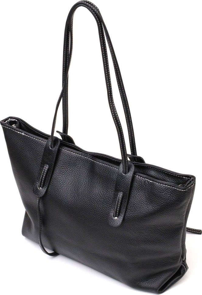 Вместительная женская сумка из натуральной черной кожи с длинными ручками Vintage (2422082)
