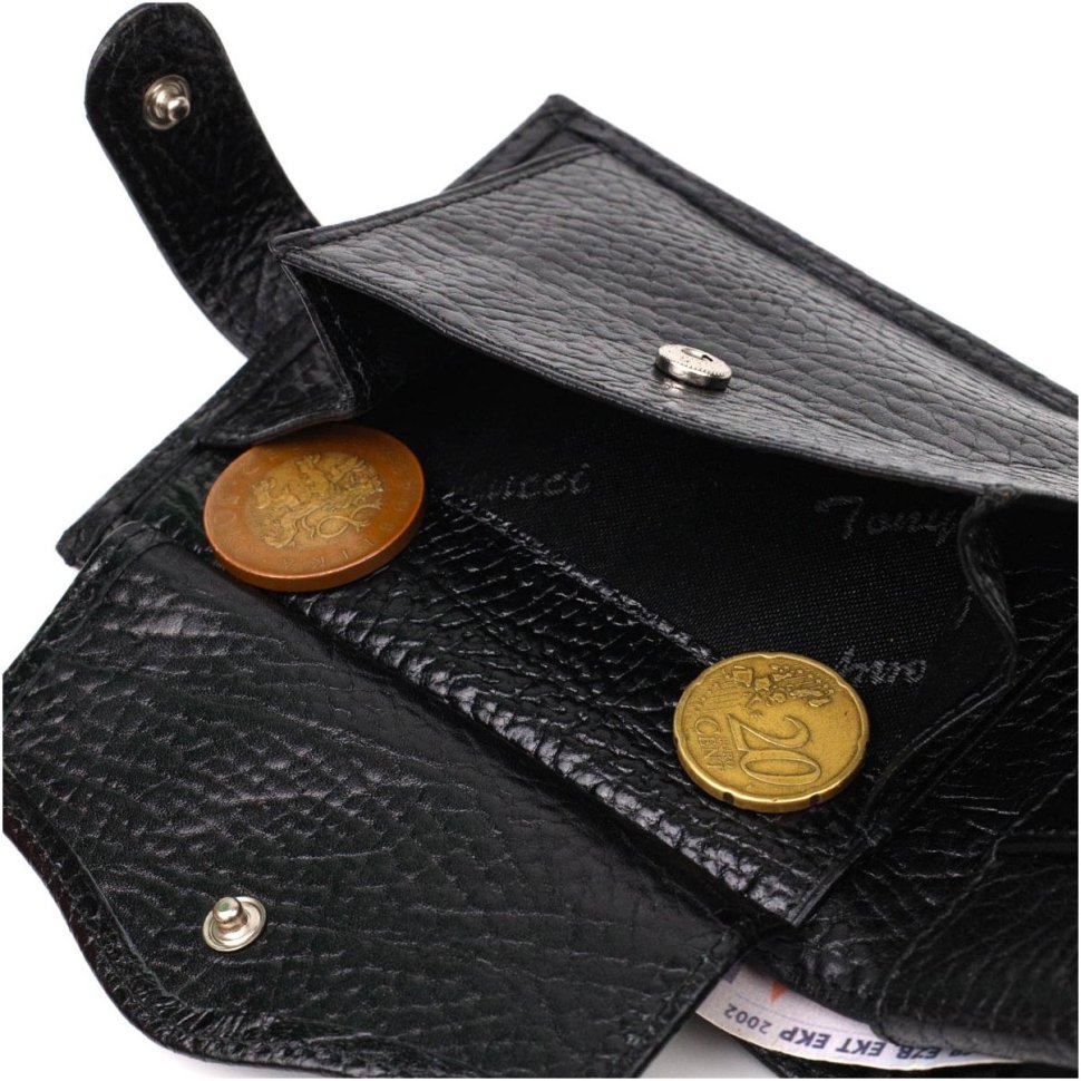 Черный мужской кошелек из натуральной кожи с выраженной фактурой на кнопке Tony Bellucci (2422015)
