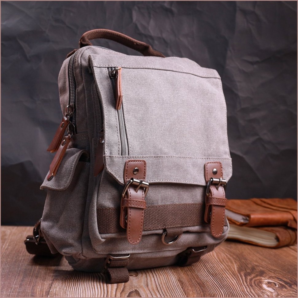 Серая мужская сумка-слинг крупного размера из плотного текстиля Vintage 2422442