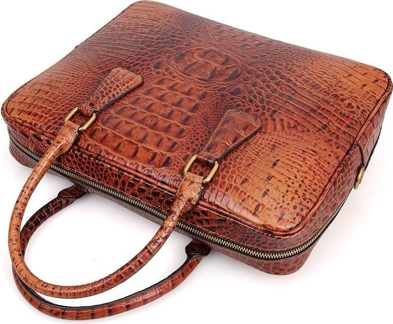 Коричневая сумка под ноутбук из натуральной кожи под крокодила VINTAGE STYLE (14394)