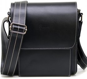 Небольшая мужская черная сумка через плечо из натуральной кожи с белой ниткой TARWA (19951)