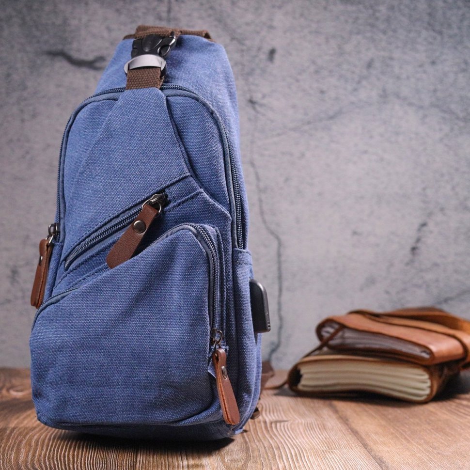 Мужская сумка через плечо из синего текстиля с USB кабелем - Vintage (2421224)