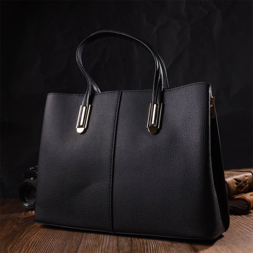 Стильная сумка для деловой женщины из натуральной кожи черного цвета Vintage (2422085)