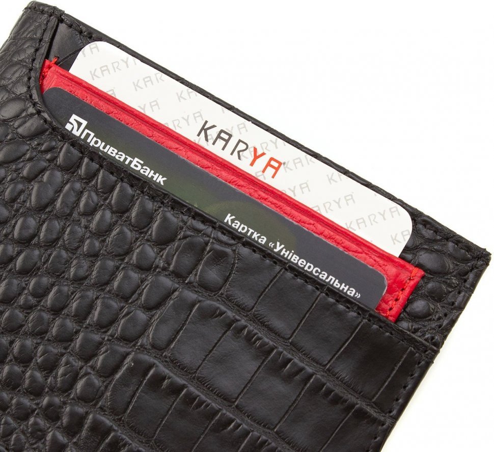 Черный мужской кошелек из натуральной кожи с красными ставками KARYA (19893)