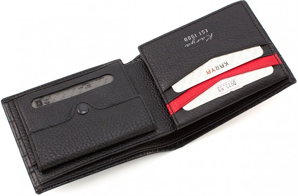 Черный мужской кошелек из натуральной кожи с красными ставками KARYA (19893)
